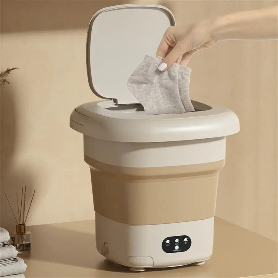 9L Portable Washer Mini Foldable Socks Underwear Retractable Home Washer (With Dehydration Drying) Plug Type EU Khaki Color