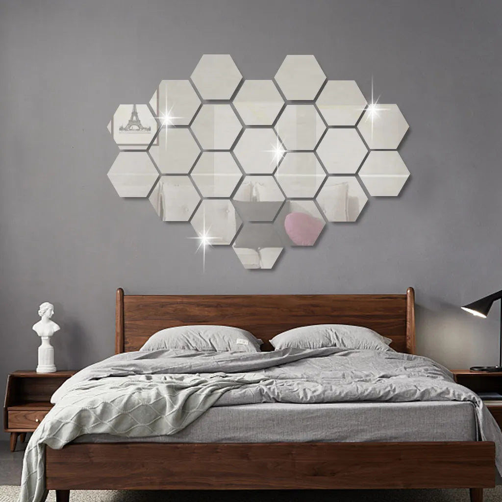 3D Hexagon Mirror Wall Stickers DIY Wall Mirrors Sticker Removable Self Adhesive Aesthetic Mosaic Tiles Decals Home Decoration