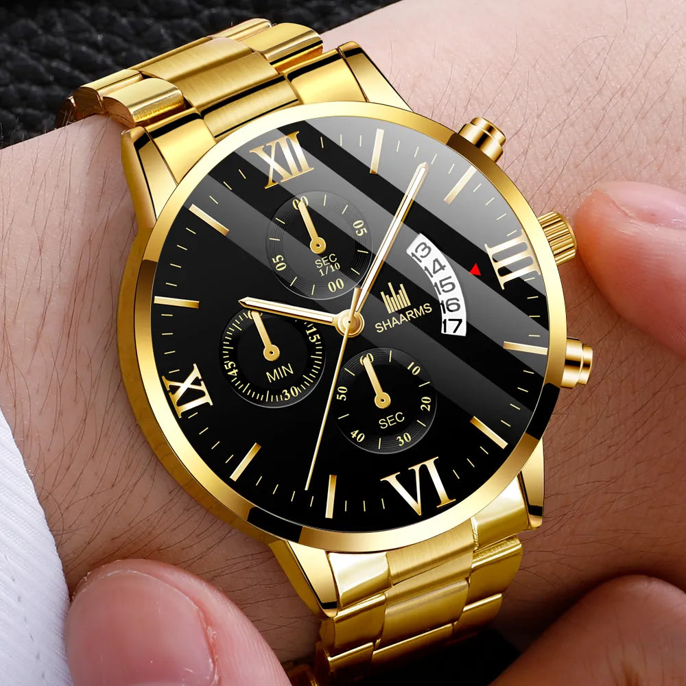 Luxury Men's Military Quartz Watch Men's Stainless Steel Gold Black Calendar Date Watch Male Clock Relogio
