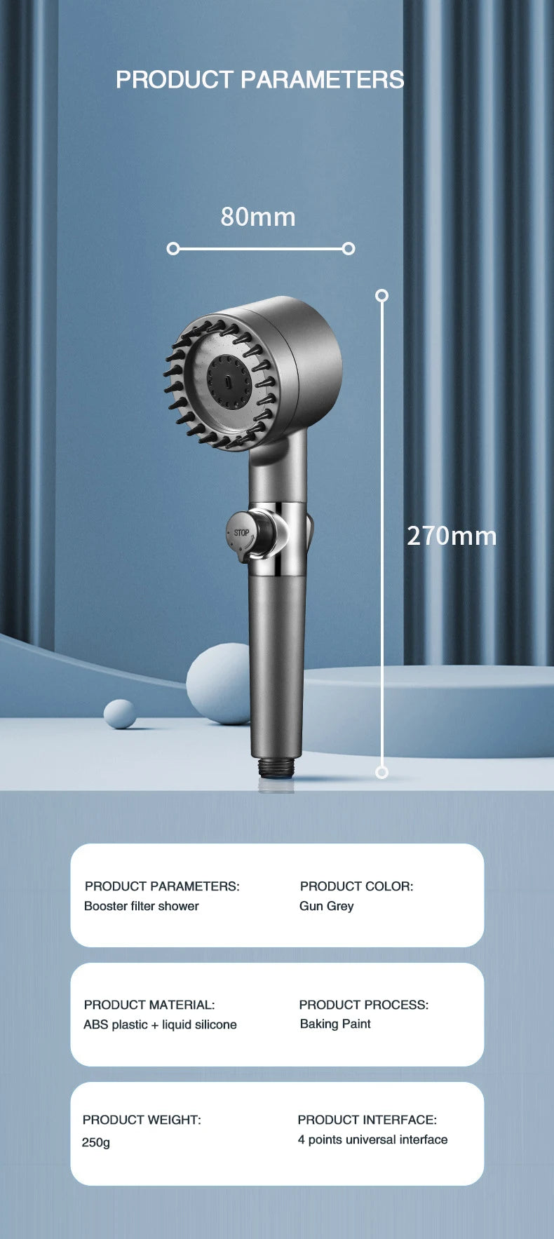 High-pressure Shower Head 3-mode Adjustable Spray with Massage Brush Filter Rain Shower Faucet